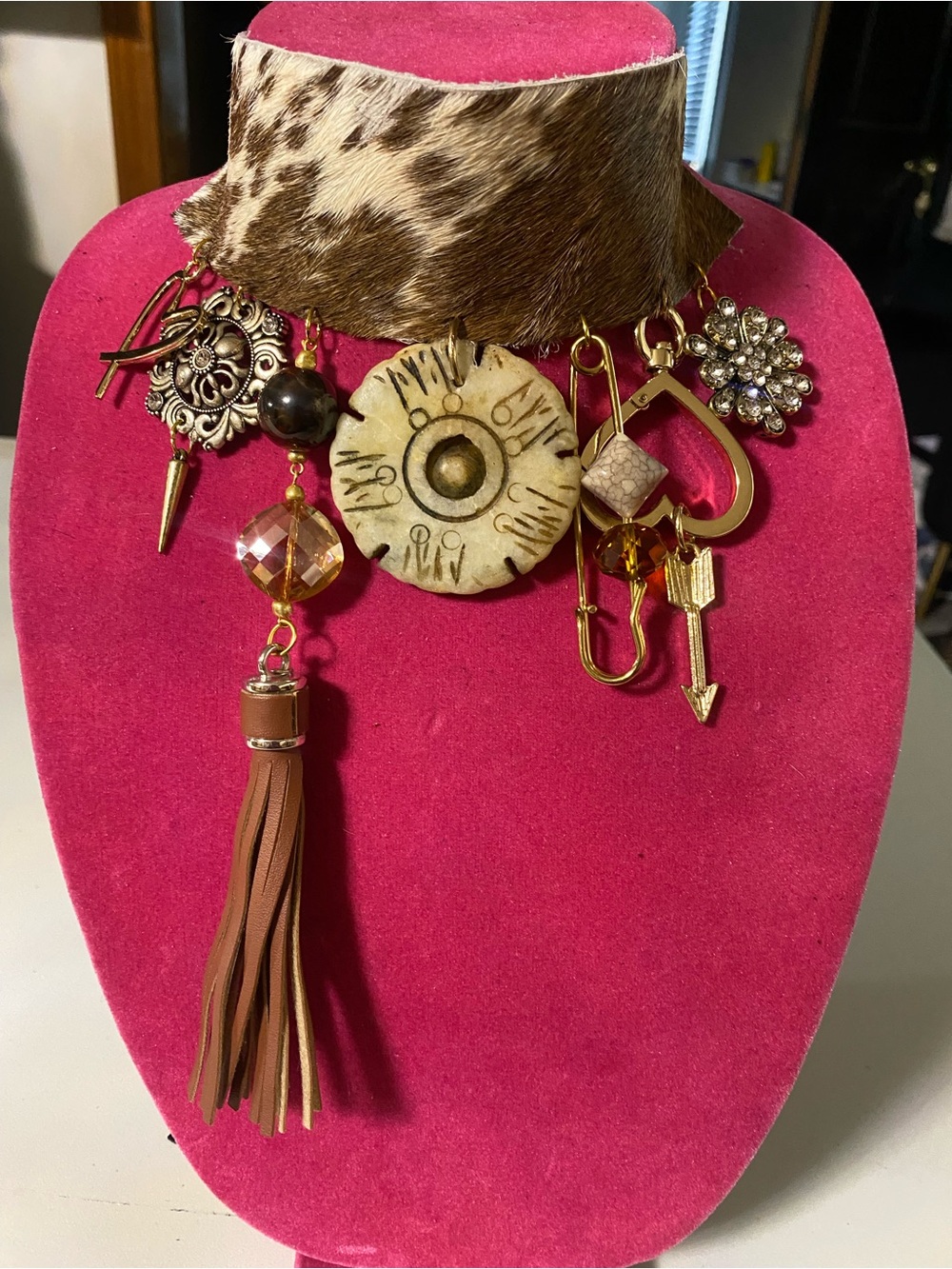 Boho Charm Tassel Statement Necklace in Brown and Gold, Genuine Cowhide.